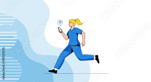 Running woman, blonde hair, blue outfit, mobile phone, abstract background, fitness illustration, vector graphics, healthy lifestyle, motion, energetic, colorful