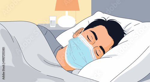 Sick man sleeping, wearing face mask, lying in bed, illustration, healthcare, medical, vector graphics