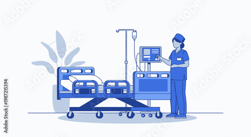 Medical, hospital, blue, vector illustration, healthcare worker, patient care, medical equipment, nursing, clinical, healthcare services