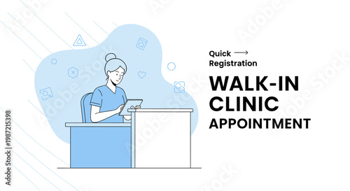 Medical receptionist, walk-in clinic, appointment scheduling, healthcare registration, blue and white vector icon