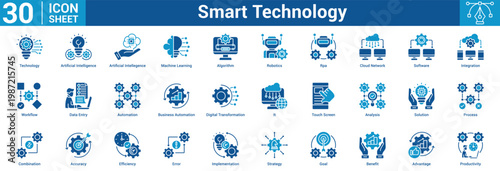 Smart Technology editable icon set vector illustration concept for business with icon of Technology, Artificial Intelligence, Artificial Intellegence, Machine Learning, Algorithm, Robotics, Rpa