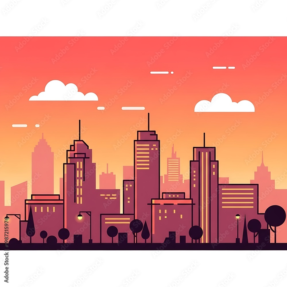 Obraz premium A flat-design urban skyline at sunset, featuring silhouettes of buildings, trees, streetlights, and clouds against an orange sky