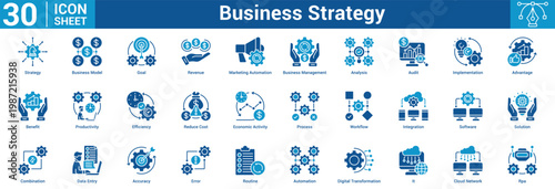 Business Strategy editable icon set vector illustration concept for business with icon of Strategy, Business Model, Goal, Revenue, Marketing Automation, Business Management, Analysis, Audit.