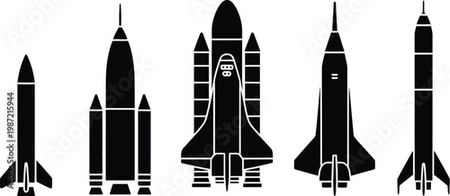 Rocket, collection icon set, space shuttle and missile silhouette vector illustrations for aerospace technology science exploration and transport design.