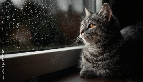 Small tabby kitten looking out of a window at raindrops falling on the glass during a rainy day