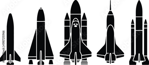 Rocket, collection icon set, aerospace vector silhouettes featuring rockets space shuttle and missiles for science exploration and modern transport design.
