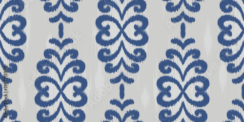 Ikat ethnic seamless pattern with blue floral abstract design. Rug textured vector print of embroidery art for traditional retro motif on textile and fabric.