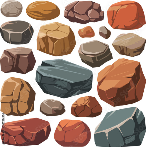 Assorted Cartoon Rocks and Stones in Various Colors and Shapes