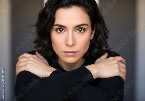 Intense Young Woman Facing Camera with Crossed Arms in Dark Light