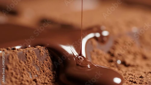 Macro Slow Motion of Melted Chocolate Pouring Over Cocoa Powder and Chocolate Bar