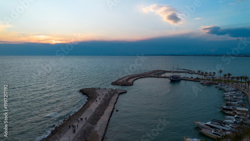 Panoramic Sunset View of the Ancient Harbor and Marina in Side, Antalya, Turkey