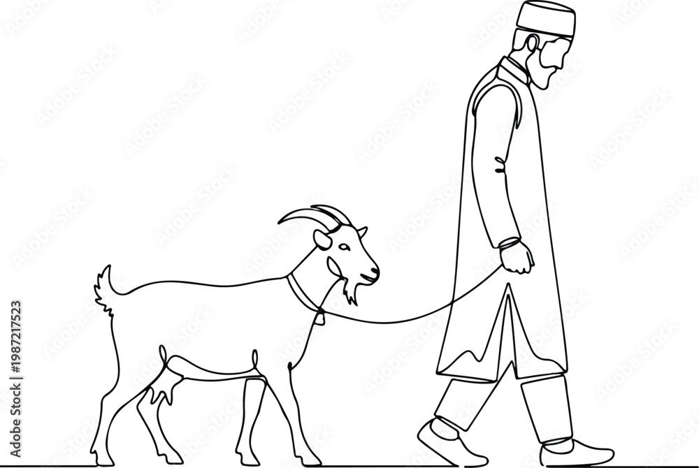 Fototapeta premium PrintContinuous line drawing of a Muslim man leading a goat for Eid al-Adha sacrifice