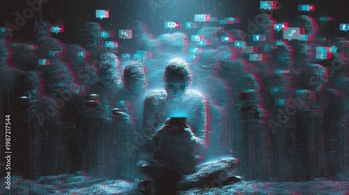 Dark dystopian digital artwork of a lonely human figure trapped inside a massive social media void. 