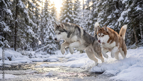 Two husky dogs running through snowy forest with strong winter energy