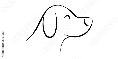 Minimalist line art illustration of a happy dog profile with drooping ears and a smiling eye