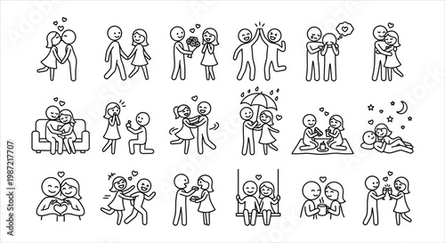 Collection of cute doodle icons depicting love and relationships