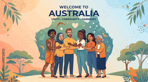 Diverse Multicultural People Embracing Australia Unity Illustration