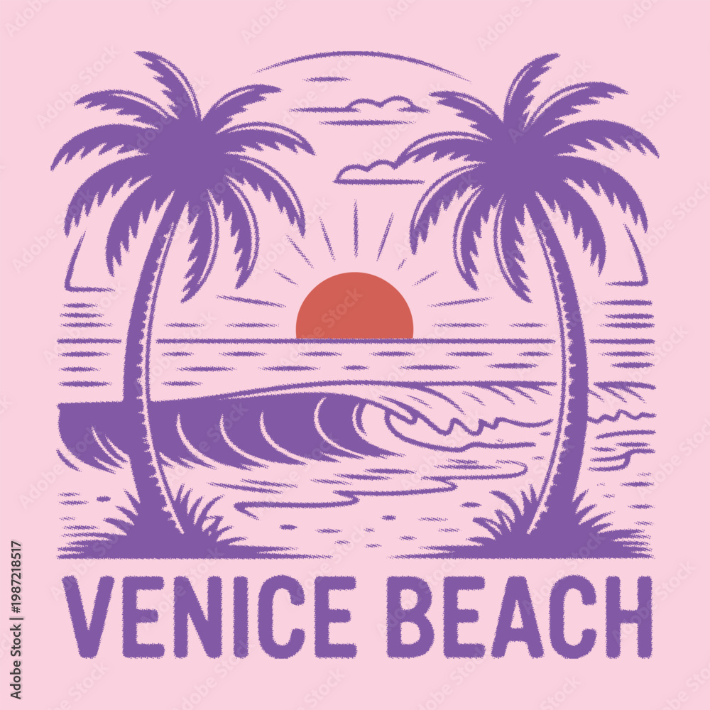 Fototapeta premium Venice beach theme vector illustrations. For t-shirt prints and other uses. enjoy the beach life, Venice beach illustration. hand made palm tree artwork. summer t-shirt design. beach graphics artwork 