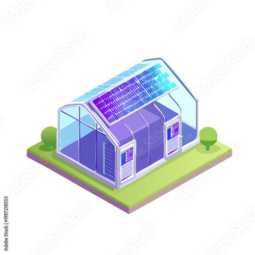 3D isometric modern smart greenhouse with climate control