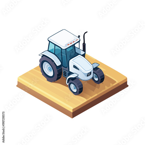 3D isometric autonomous tractor on plowed farm field