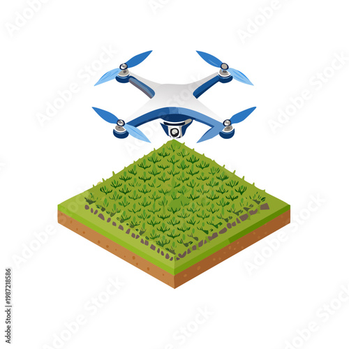 3D isometric smart agriculture drone flying over crops