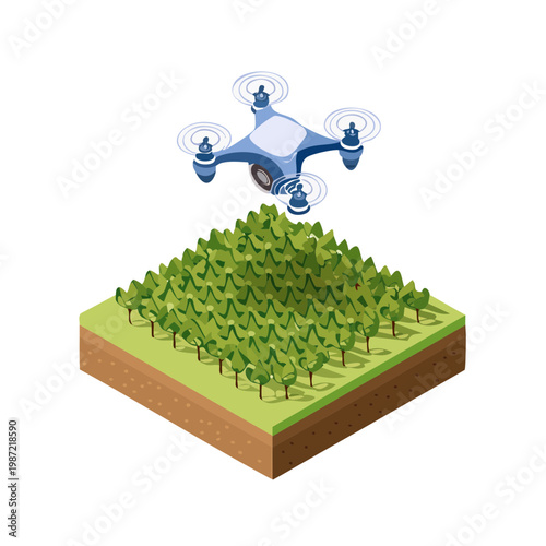 3D isometric smart agriculture drone flying over crops