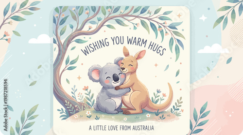 Cute Koala and Kangaroo Hugging Australian Greeting Illustration