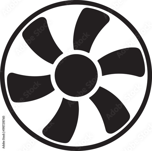 Simple black and white illustration of a fan or propeller in a circular shape
