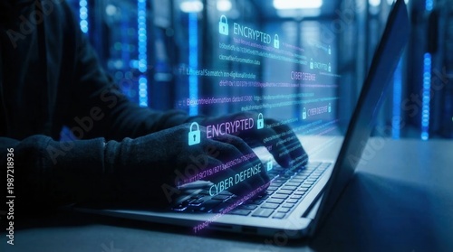 Working on cybersecurity at a data center with a laptop in a dimly lit room filled with server racks