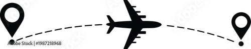 Airplane Travel Icon Vector Illustration with Flight Path, Map Pins, Journey Connection, and Destination Design for Tourism, Navigation, and Travel Route Concept Graphics