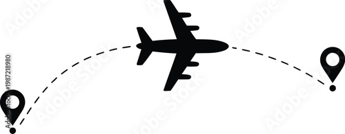 Airplane Travel Icon Vector Illustration with Flight Path, Map Pins, Journey Connection, and Destination Design for Tourism, Navigation, and Travel Route Concept Graphics