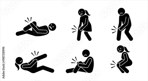 Pictogram Set Illustrating Various Individuals Experiencing Acute Knee Joint Pain and Discomfort