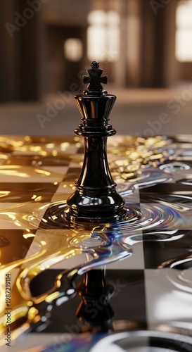 Black Chess King Piece 3D Render on Liquid Chessboard with Golden Ripples for Strategy and Leadership