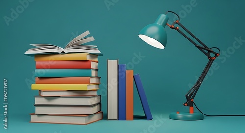 Stack of colorful books illuminated by a teal desk lamp on a teal background stack of books open book