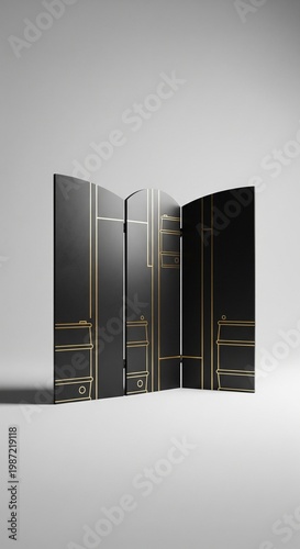 Black Folding Screen with Gold Line Art 3D Render on Minimalist Background with Copy Space