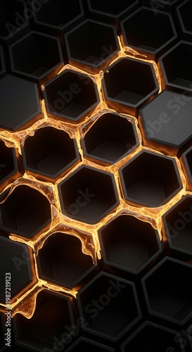 Black Hexagonal Honeycomb Pattern with Glowing Orange Liquid 3D Render Abstract Background for Technology and Gaming