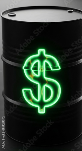 Black Oil Barrel with Glowing Green Neon Dollar Sign 3D Render for Energy Market and Fuel Price Concepts