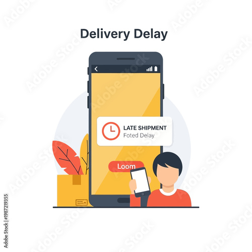 Mobile notification about a late shipment indicating a delivery delay with a person looking at their phone with concern and a package in the background