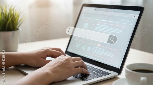 Person types on laptop in a cafe while searching for information during afternoon hours