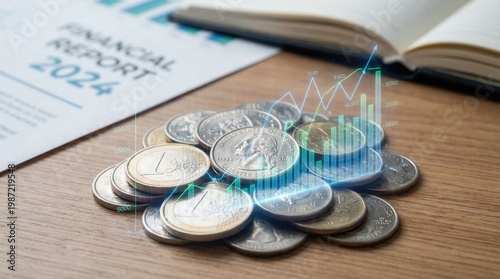 Financial report shows coins and charts on wooden desk with open book for 2024 analysis