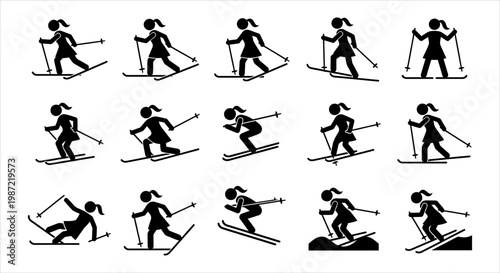 Diverse Skiing Poses A Collection of Silhouette Illustrations