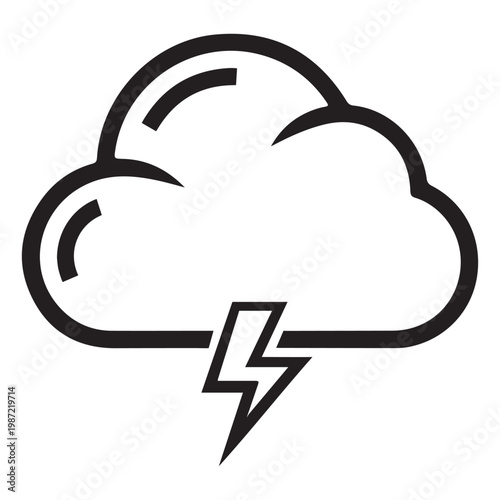 Storm cloud icon with lightning bolt symbol in line art style for weather forecasting.