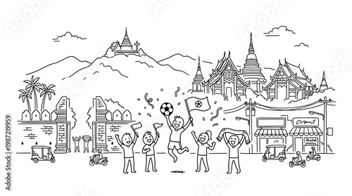 Thai Cityscape with Cheering Fans and Soccer