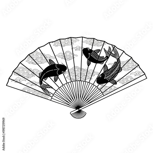 Japanese Fan with Koi Fish Illustration - Black and White
