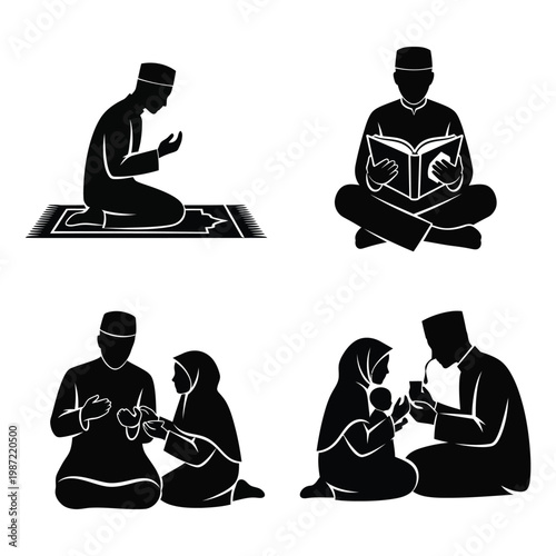 A Muslim family engages in various daily activities and practices.