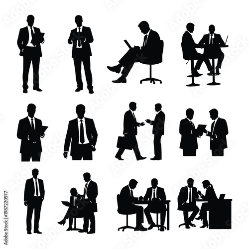A collection of black silhouettes depicting business professionals in various poses and settings.