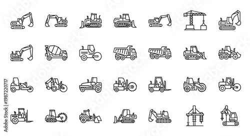 Heavy Machinery Construction Equipment Icons.
