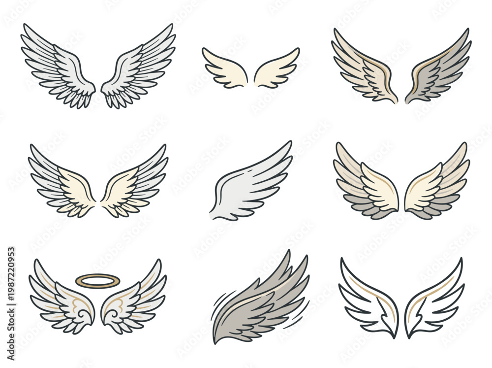 Obraz premium Angel wing icons: 9 hand-drawn doodle sketch wings, celestial spiritual feathered wing collection