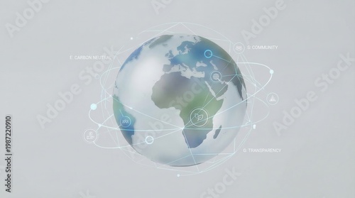 Global network connections show data on carbon neutrality and community transparency across continents in a digital design