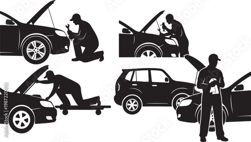 Black car repair icons, mechanic silhouettes, vehicle maintenance illustrations, 5 graphic elements